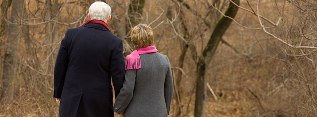 Pareja de ancianos de espaldas en un bosque