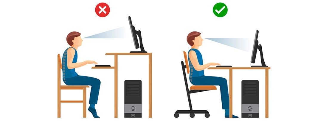 Posición al trabajar sentado: dibujos de posición correcta e incorrecta al trabajar delante de un ordenador