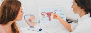 mujer en consulta con doctora con una imagen del endometrio