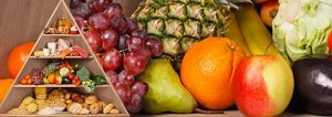 pirámide alimentaria y diferentes frutas y verduras