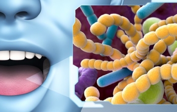 rostro azul con la boca abierta y cuadro de bacterias