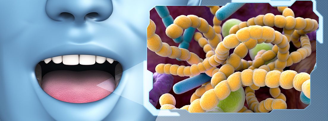 rostro azul con la boca abierta y cuadro de bacterias