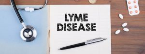 hoja escrita con la palabra enfermedad de lyme, un endoscopio y unas pastillas