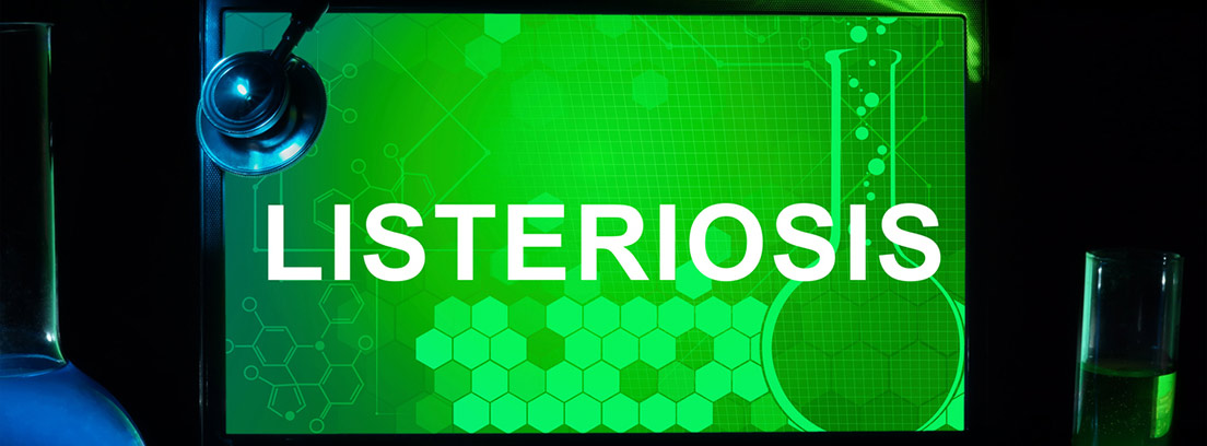 pantalla de ordenador con fondo verde y la palabra listeriosis