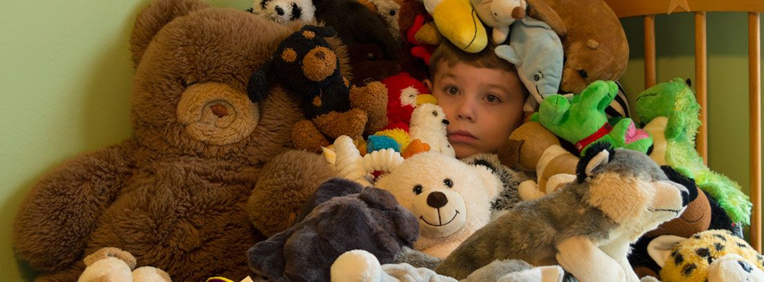 niño escondido entre un motón de peluches