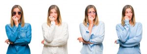 Afrontar situaciones que nos generan nervios: Collage de mujer llevando un look casual en blanco , nerviosa con las manos en la boca, morderse las uñas