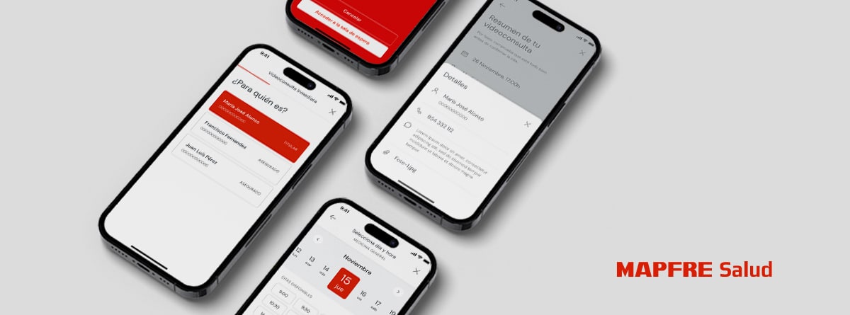 app MAPFRE Salud: diferentes pantallas de móvil con los servicios de la app de MAPFRE Salud