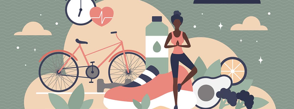 Vivir más y mejor: Personaje femenino de dibujos animados practicando yoga cerca de equipos deportivos, verduras y botellas de agua. Concepto de pérdida de peso, dieta y estilo de vida saludable
