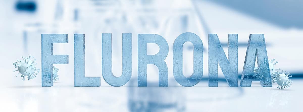 Flurona, infección COVID-19 y gripe: palabra flurona sobre fondo azul