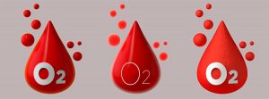 Hipoxemia, disminución de oxígeno en sangre: dibujo de gotas de sangre con la inscripción de O2