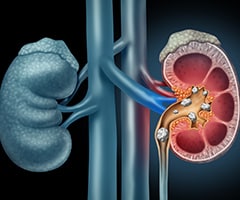 Cálculos renales: imagen de riñones y en uno de ellos se aprecian piedras o arenilla