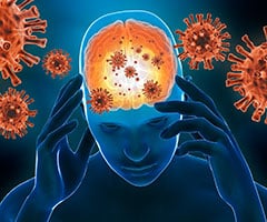 Meningitis: imagen de cerebro humano infectado de virus y basterias