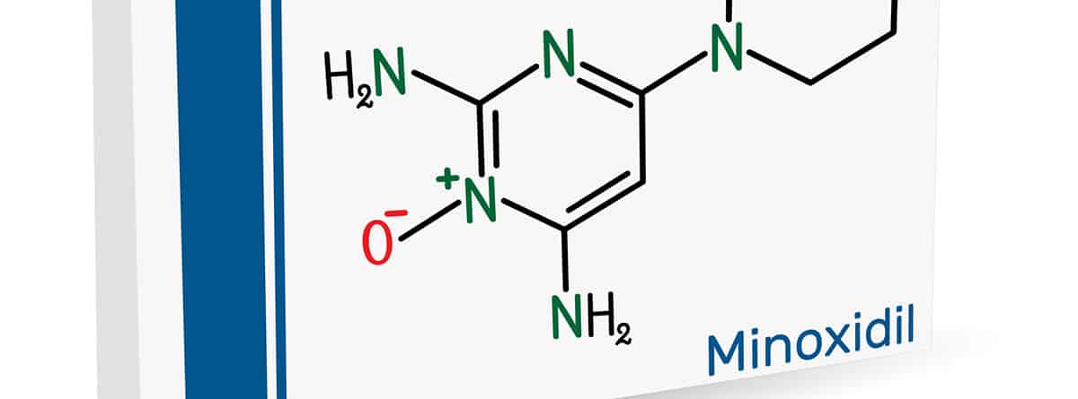 Minoxidil, tratamiento par la alopecia::Molécula de minoxidil. Es un medicamento vasodilatador antihipertensivo, se utiliza para tratar la caída del cabello.