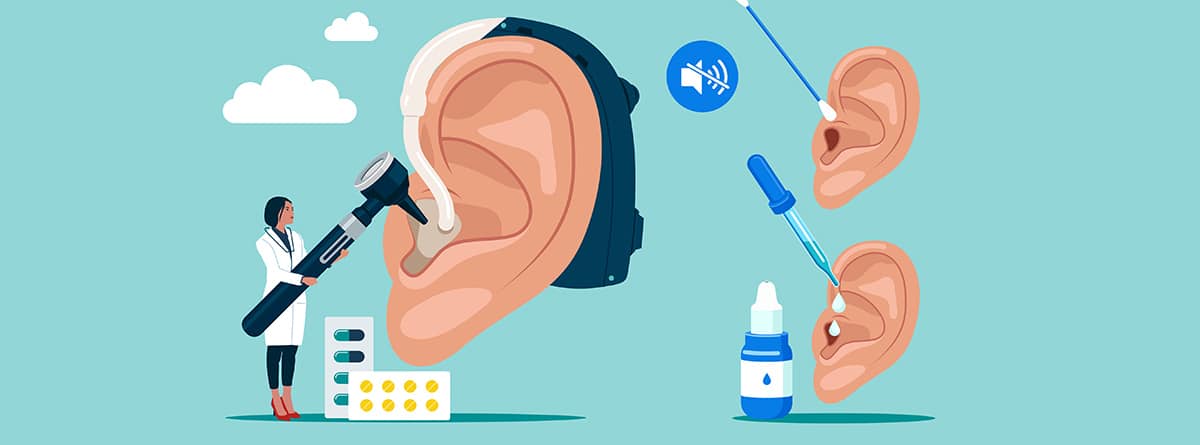 Ilustración de tratamiento de otitis con gotas médicas séricas Oídos humanos con aerófono, hisopo de algodón y pipeta.