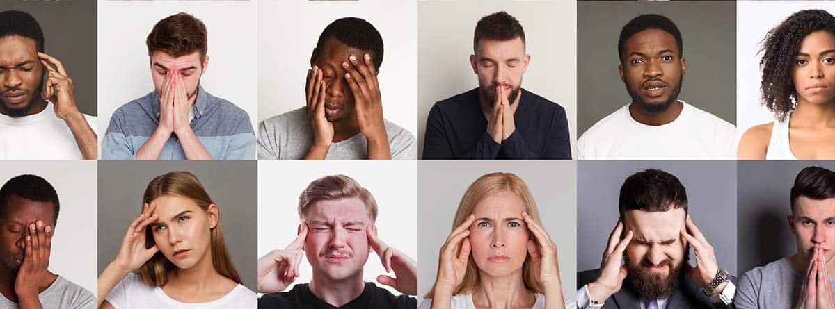 tipos de dolor y tratamientos: diferentes rostros de personas con gestos de dolor