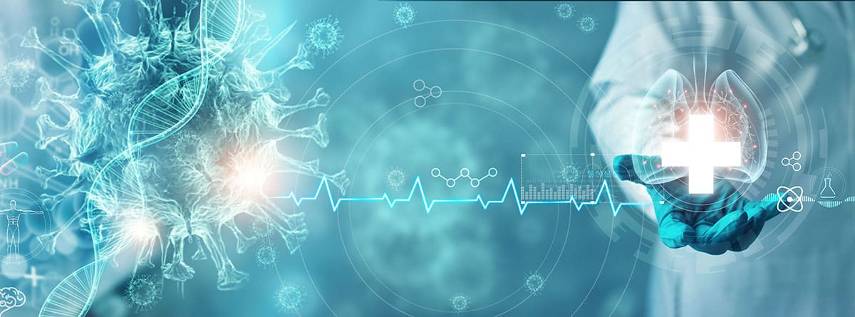 ¿Qué es la biotecnología y qué aplicaciones tiene? :Doctor sosteniendo y diagnosticando Pulmones humanos virtuales con el virus de la corona propagado dentro de la pantalla de interfaz moderna en el fondo del hospital, Innovación y tecnología médica.