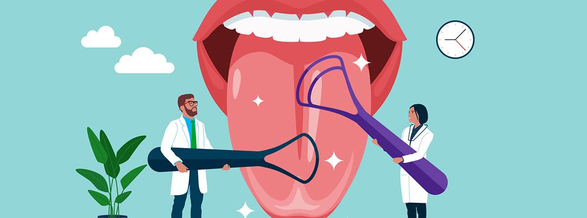 Dolor de lengua:ilustración de boca con lengua protuberante y médicos a los lados
