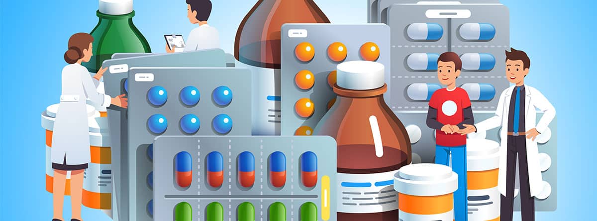 Ilustración de médicos que prescriben varios medicamentos genéricos para el paciente. Pastillas grandes, ampollas de cápsulas, frascos de vidrio con medicamentos líquidos