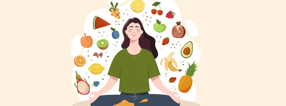 Ilustración de Una mujer joven, rodeada de frutas y verduras sabrosas y saludables, se sienta en posición de loto.