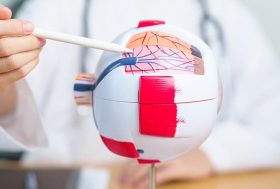 Médico con modelo de anatomía del ojo humano