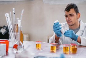 Joven médico midiendo tiras reactivas de pH de muestra de orina en laboratorio.