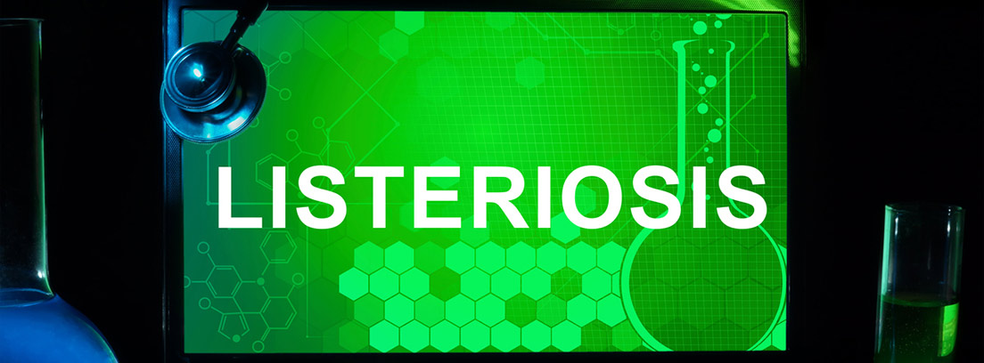 listeriosis pantalla de ordenador con fondo verde y la palabra listeriosis