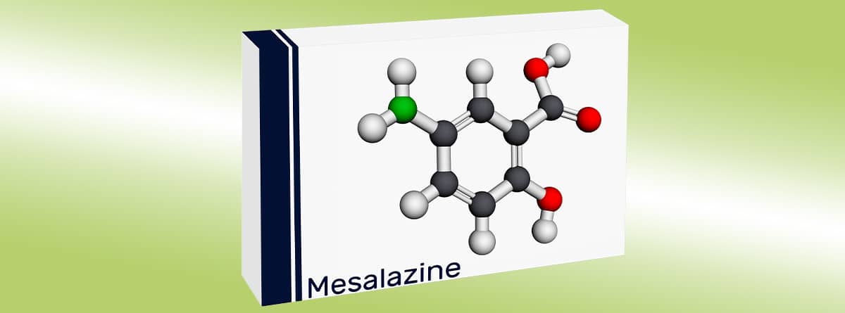 mesalazina ¿Qué es la mesalazina?, envase de mesalazina con el dibujo de la molécula