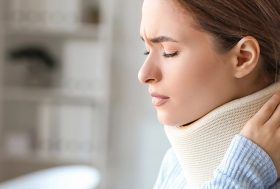 Mujer con collarín y dolor en el cuello