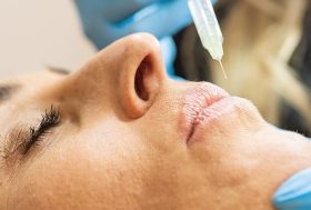 Mujer inyectándose labios