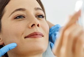 Mujer sonriente recibiendo un tratamiento de bioestimuladores de colágeno
